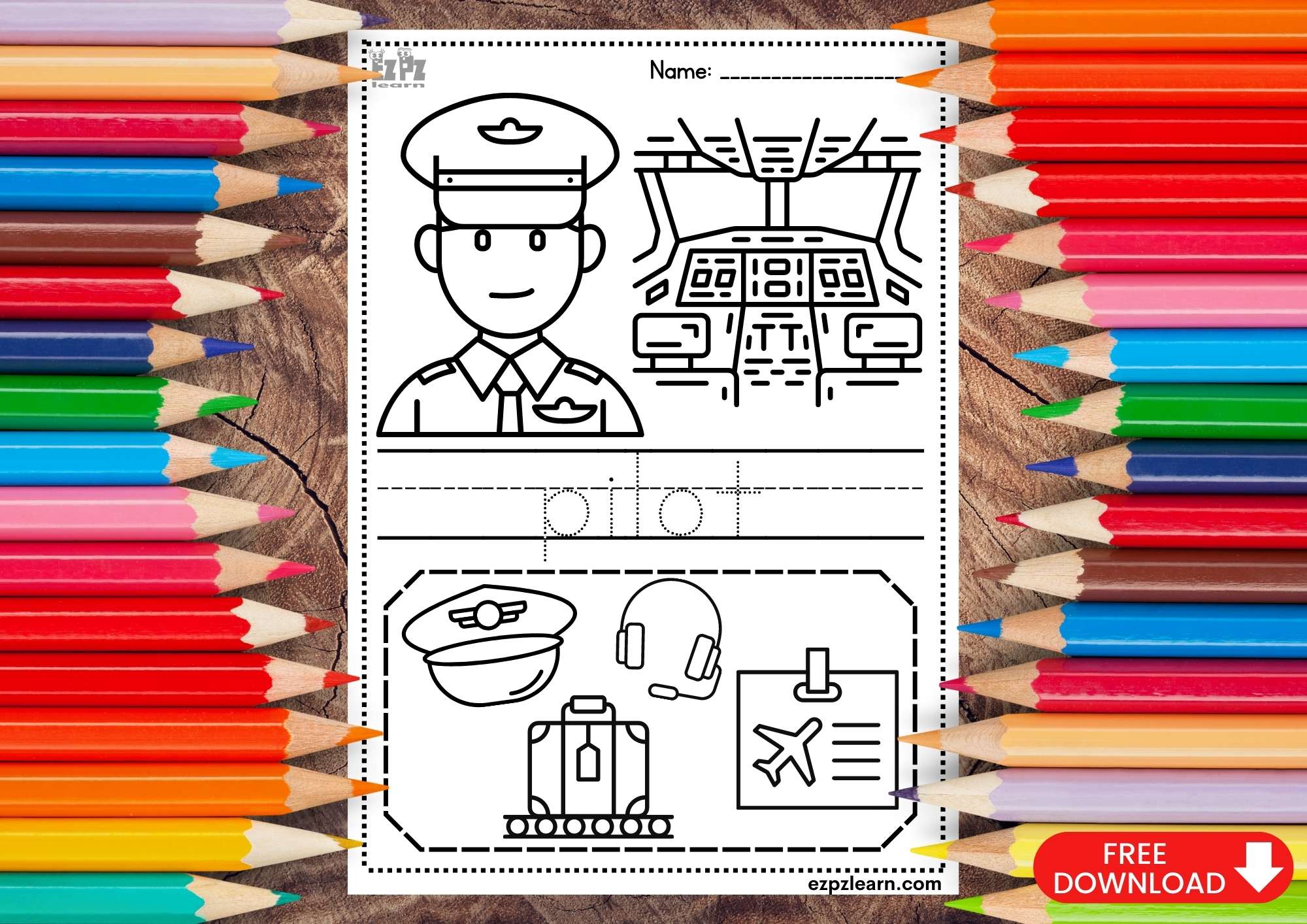 Pilot Coloring and Trace the Word Page Jobs Topic for Kids